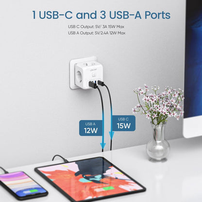 EU Power Strip 3 AC Outlets, 3 USB & USB-C, 4000W by HitMyNeed
