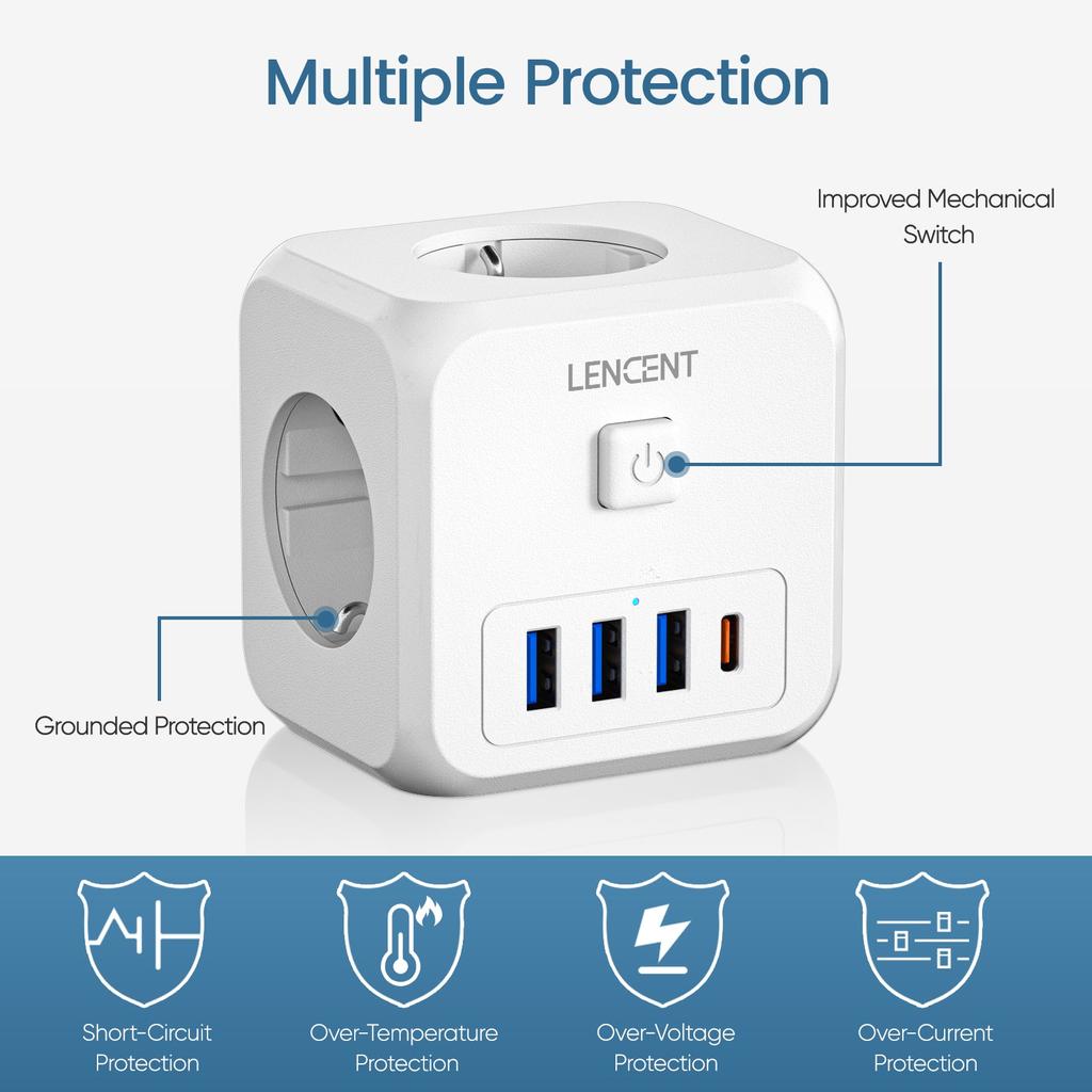 EU Power Strip 3 AC Outlets, 3 USB & USB-C, 4000W by HitMyNeed