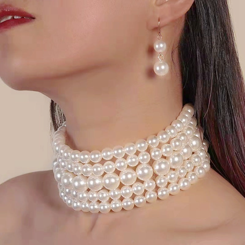 Fashion Pearl Choker Necklace and Earrings Set by HitMyNeed