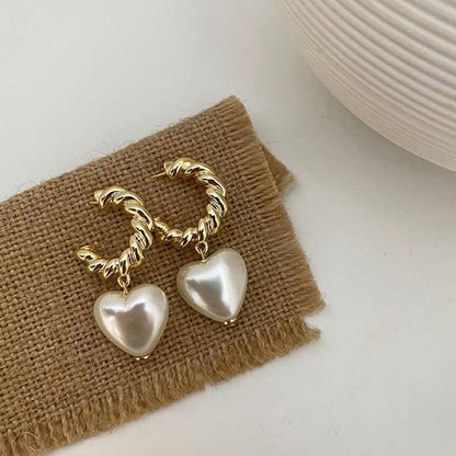 Faux Pearl Heart Shaped Drop Earrings by HitMyNeed