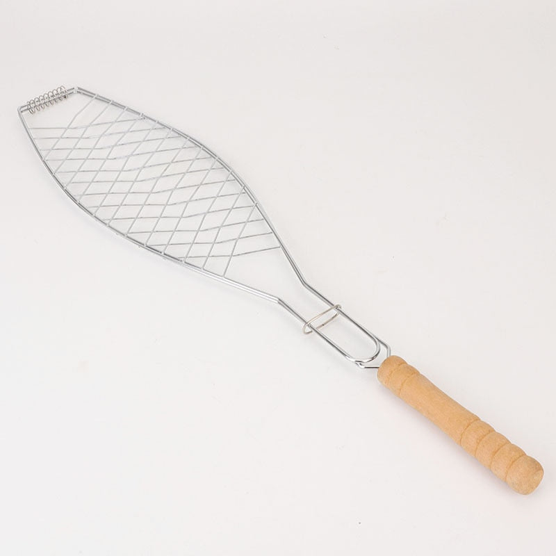 Fish Grilling Basket with Wooden Handle, Stainless Steel by HitMyNeed