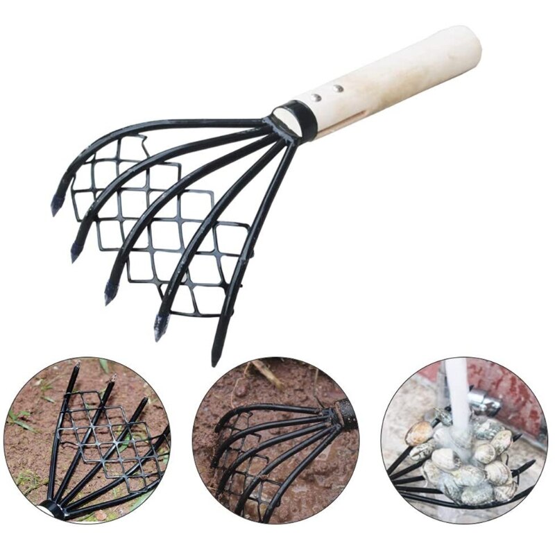 Five Tooth Metal Clam Rake with Wooden Handle by HitMyNeed
