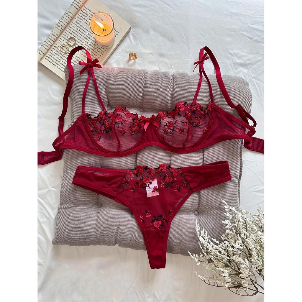 Floral Embroidered 2 Piece Lingerie Set for Women by HitMyNeed