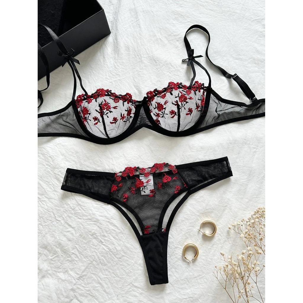 Floral Embroidered 2 Piece Lingerie Set for Women black l by HitMyNeed