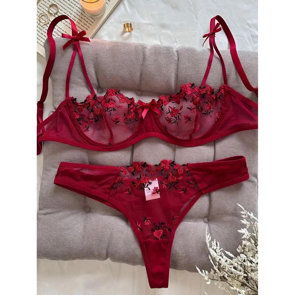 Floral Embroidered 2 Piece Lingerie Set for Women burgundy s by HitMyNeed