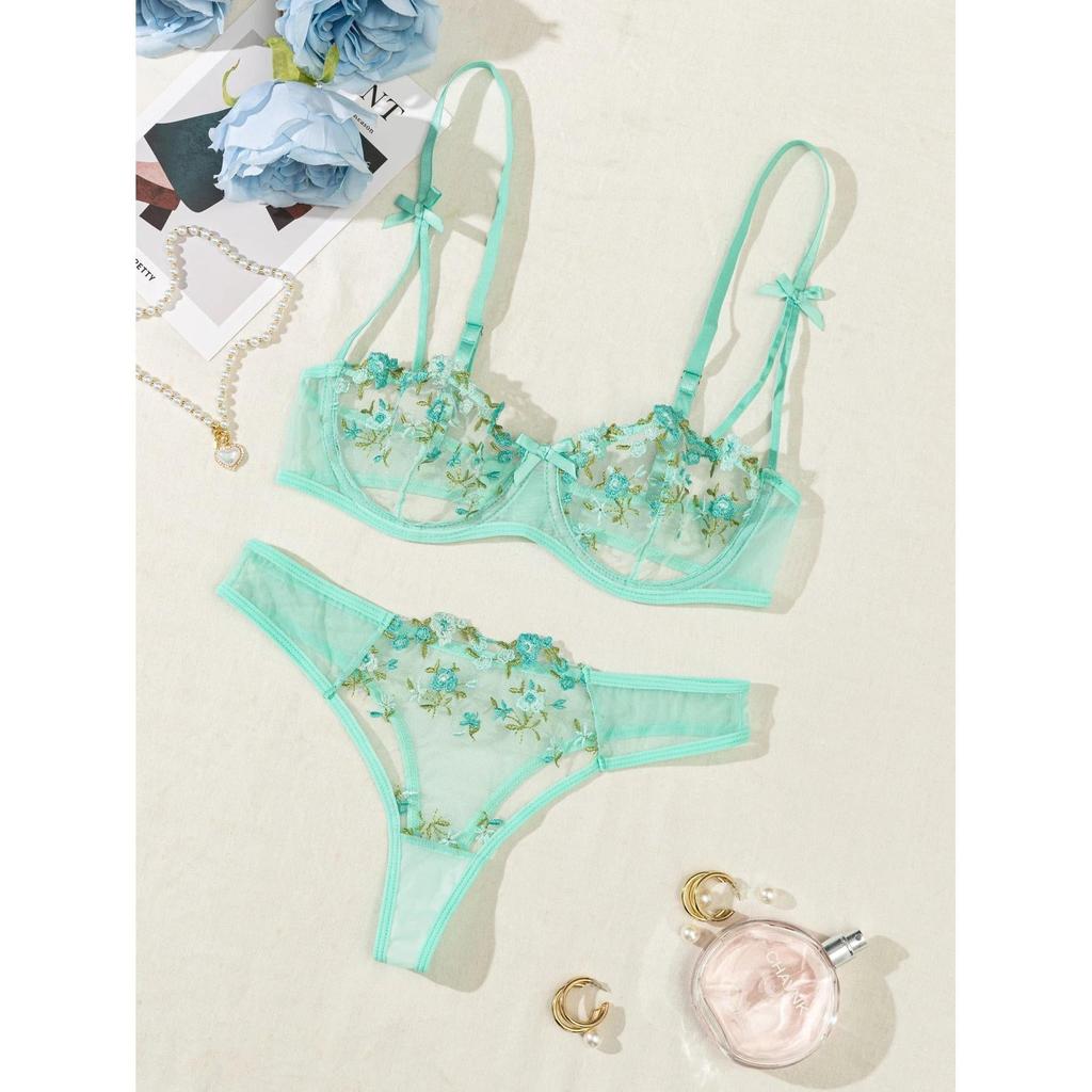 Floral Embroidered 2 Piece Lingerie Set for Women green m by HitMyNeed