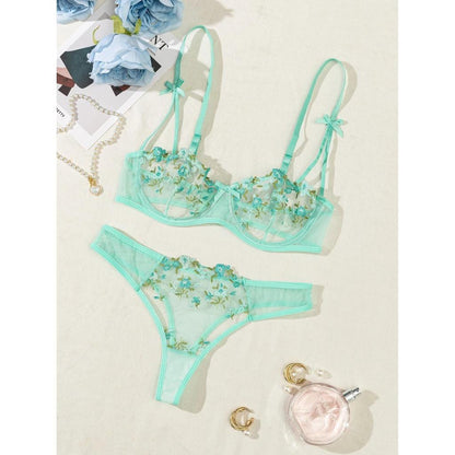 Floral Embroidered 2 Piece Lingerie Set for Women green m by HitMyNeed