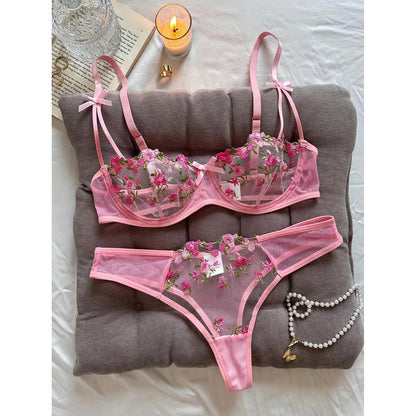 Floral Embroidered 2 Piece Lingerie Set for Women pink s by HitMyNeed