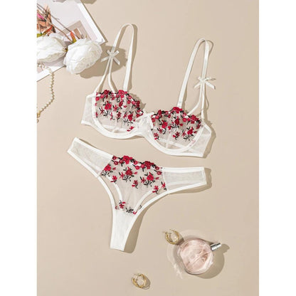 Floral Embroidered 2 Piece Lingerie Set for Women white m by HitMyNeed