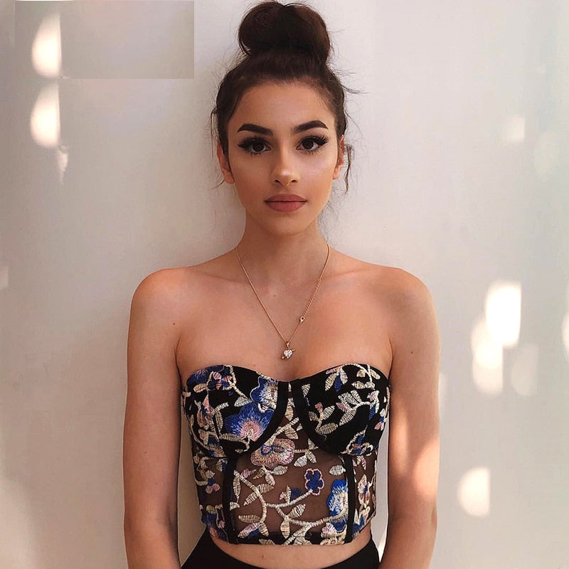 Floral Embroidered Sheer Corset Tube Top by HitMyNeed