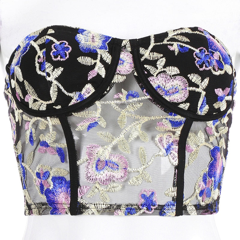 Floral Embroidered Sheer Corset Tube Top by HitMyNeed
