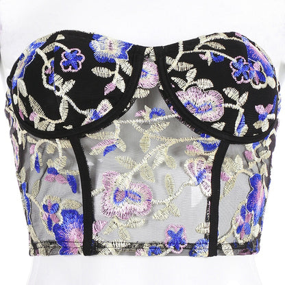 Floral Embroidered Sheer Corset Tube Top by HitMyNeed