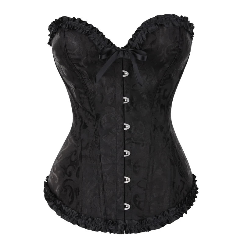 Floral Lace Gothic Satin Overbust Corset Top black s by HitMyNeed