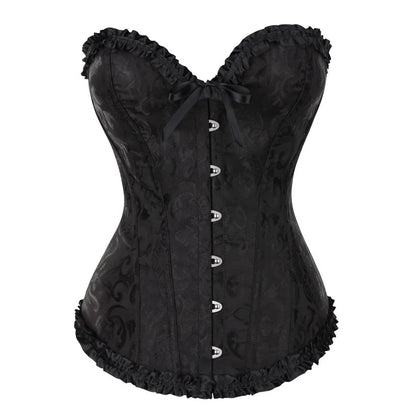 Floral Lace Gothic Satin Overbust Corset Top black s by HitMyNeed