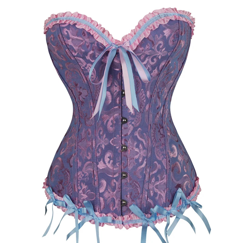Floral Lace Gothic Satin Overbust Corset Top blue xxxl by HitMyNeed