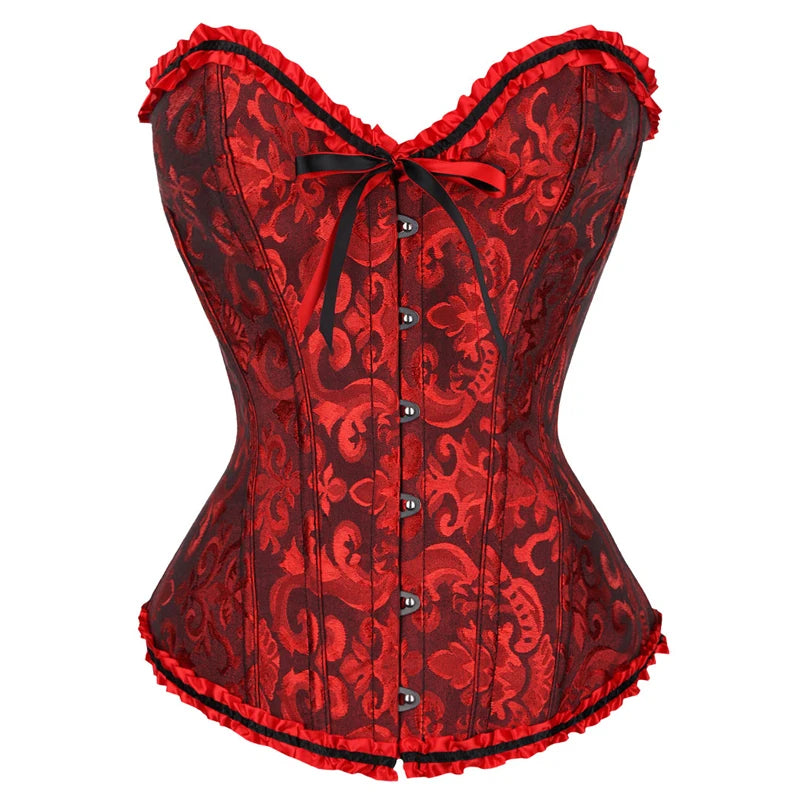 Floral Lace Gothic Satin Overbust Corset Top red-black l by HitMyNeed