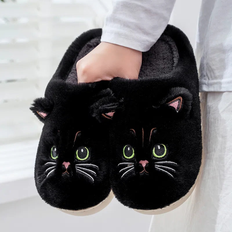 Fluffy Plush Cat House Slippers for Women & Men black cn38-39 by HitMyNeed