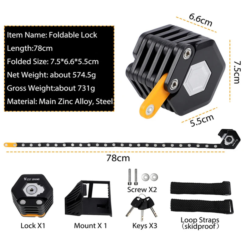 Foldable Alloy Bike Lock with Mount & 3 Keys by HitMyNeed