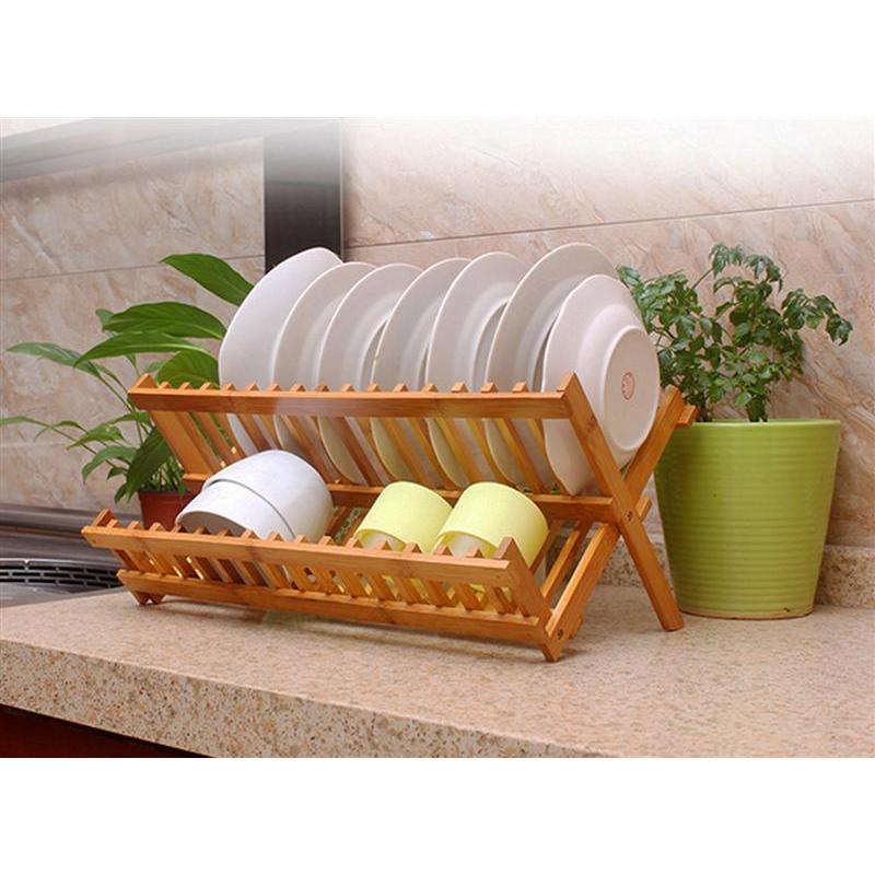 Foldable Bamboo Dish Drying Rack, 2-Tier by HitMyNeed