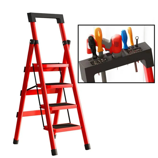 Foldable Carbon Steel Step Ladder with Tool Tray 3-step-red by HitMyNeed