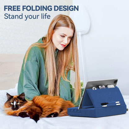 Foldable Tablet Pillow Stand with Pocket & Stylus Mount by HitMyNeed