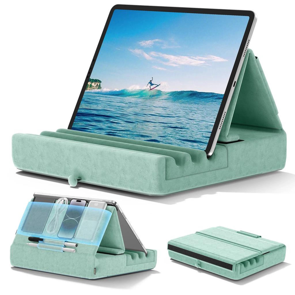 Foldable Tablet Pillow Stand with Pocket & Stylus Mount green by HitMyNeed