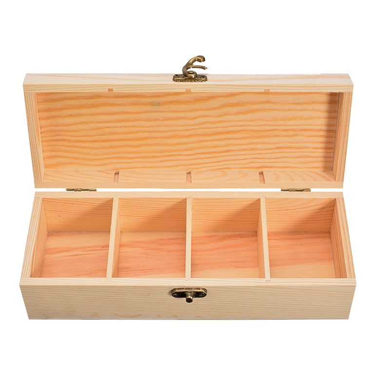 Four-Slot Wooden Tea Box Organizer with Lid Lock by HitMyNeed