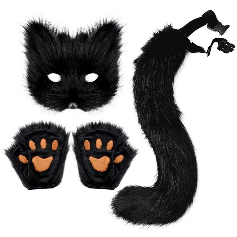 Fox Mask, Tail & Gloves Set for Halloween Cosplay black by HitMyNeed