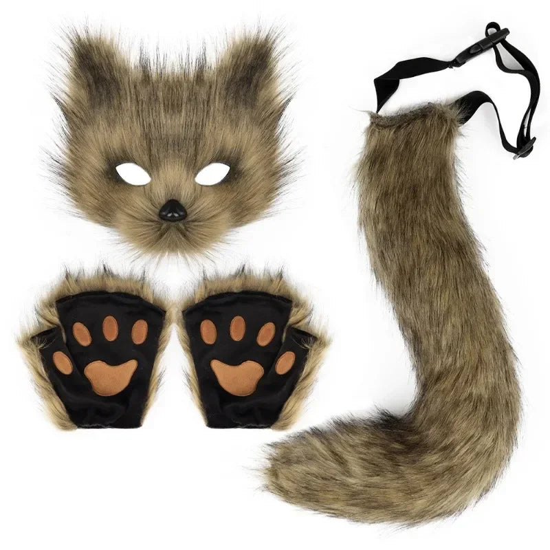 Fox Mask, Tail & Gloves Set for Halloween Cosplay brown by HitMyNeed