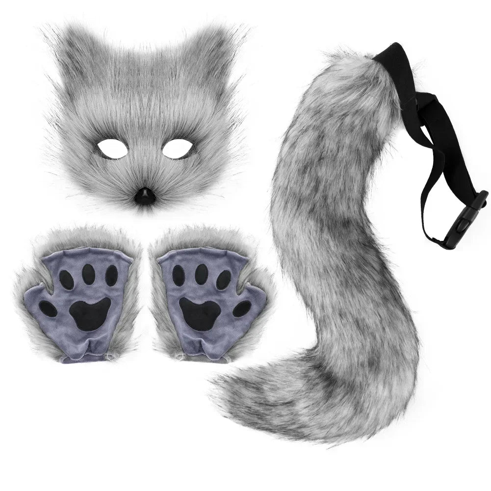 Fox Mask, Tail & Gloves Set for Halloween Cosplay gray by HitMyNeed