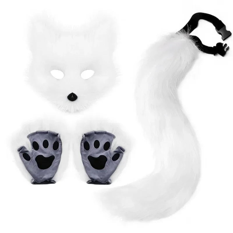 Fox Mask, Tail & Gloves Set for Halloween Cosplay white by HitMyNeed