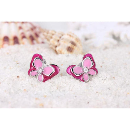 Girls Pink Butterfly Stud Earrings in Sterling Silver by HitMyNeed