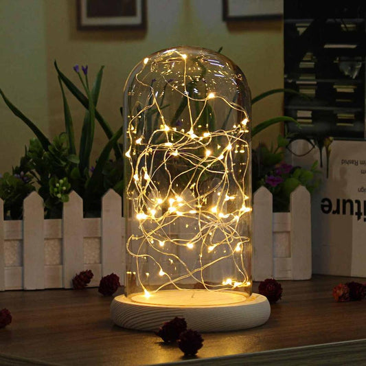 Glass Dome with Wooden Base & LED Fairy Lights 10x20cm by HitMyNeed
