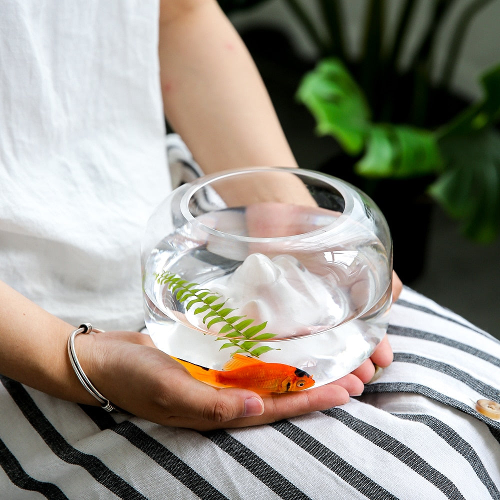 Glass Goldfish Bowl with Japanese-Style Mini Landscape by HitMyNeed