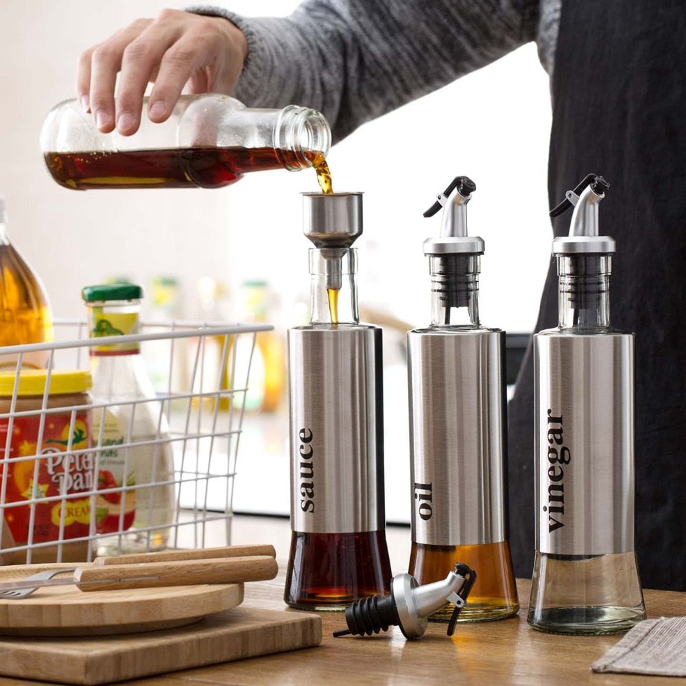 Glass Oil, Vinegar & Sauce Dispenser Bottles Set by HitMyNeed