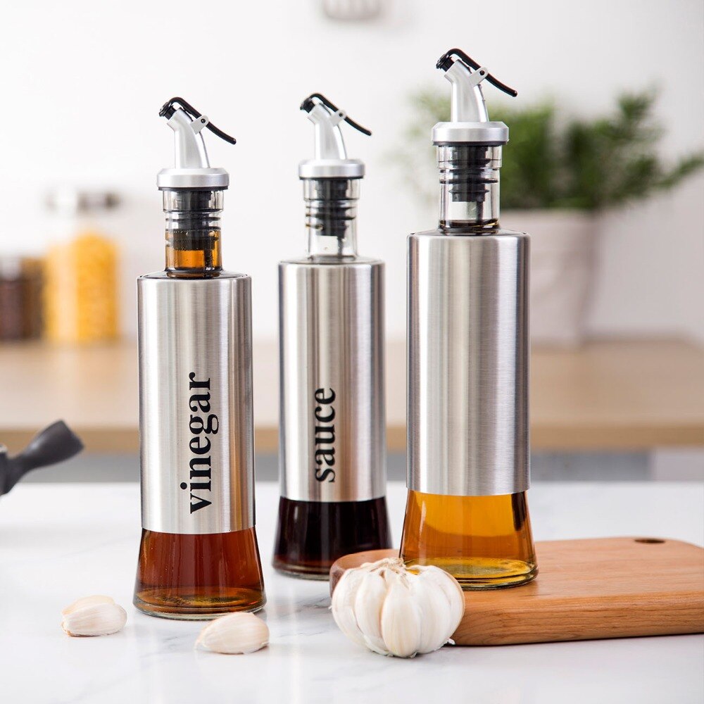 Glass Oil, Vinegar & Sauce Dispenser Bottles Set by HitMyNeed