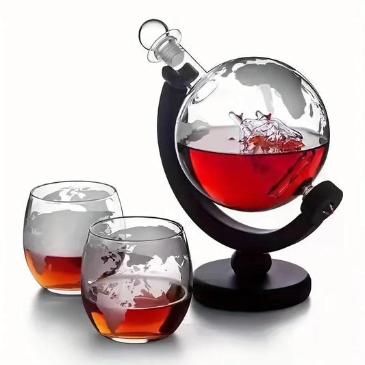 Globe Whiskey Decanter Set with Wood Stand & 2 Glasses by HitMyNeed
