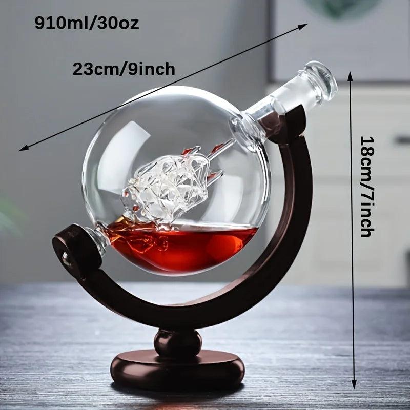 Globe Whiskey Decanter Set with Wood Stand & 2 Glasses by HitMyNeed