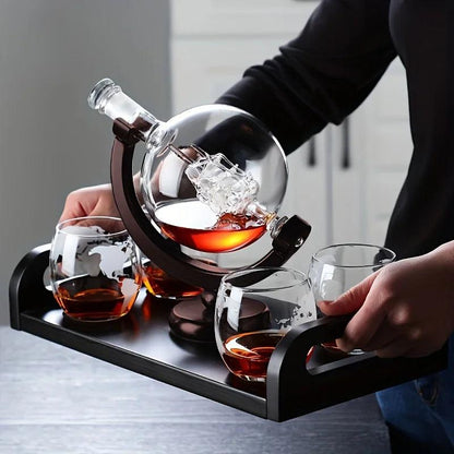 Globe Whiskey Decanter Set with Wood Stand & 2 Glasses by HitMyNeed