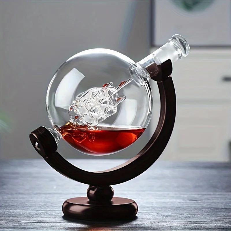 Globe Whiskey Decanter Set with Wood Stand & 2 Glasses by HitMyNeed