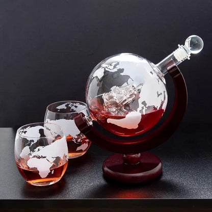 Globe Whiskey Decanter Set with Wood Stand & 2 Glasses by HitMyNeed
