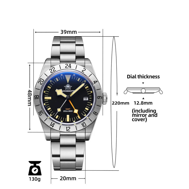 GMT 39mm Men's Diver Watch 20ATM Stainless Steel by HitMyNeed