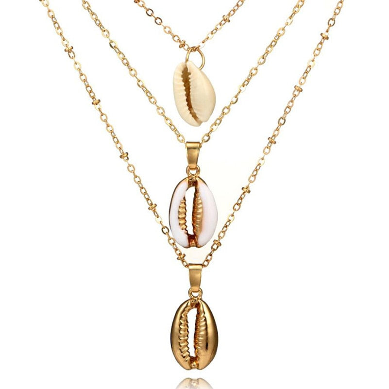 Gold Layered Seashell Necklace, 3 Strand Copper Chain by HitMyNeed