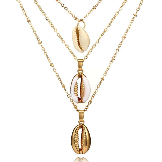 Gold Layered Seashell Necklace, 3 Strand Copper Chain by HitMyNeed