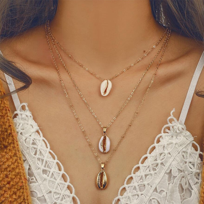 Gold Layered Seashell Necklace, 3 Strand Copper Chain by HitMyNeed