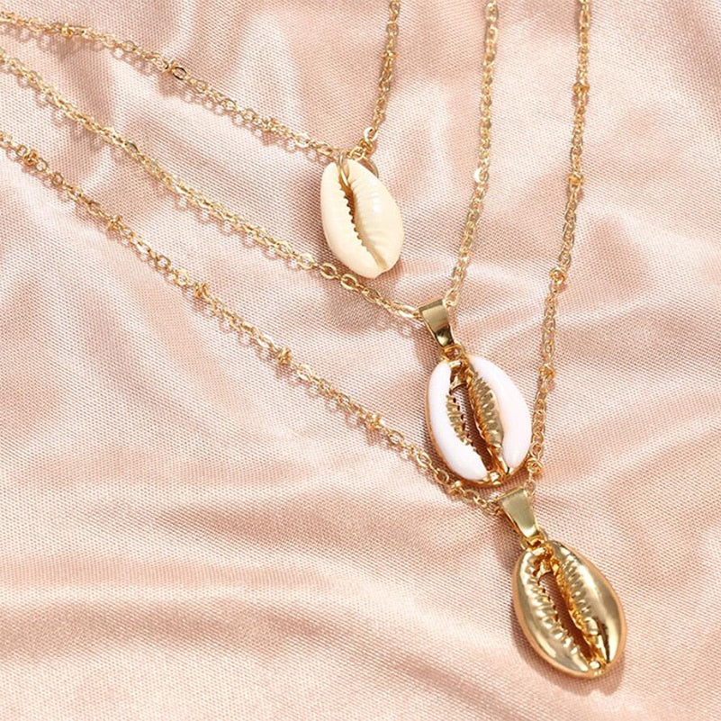 Gold Layered Seashell Necklace, 3 Strand Copper Chain by HitMyNeed