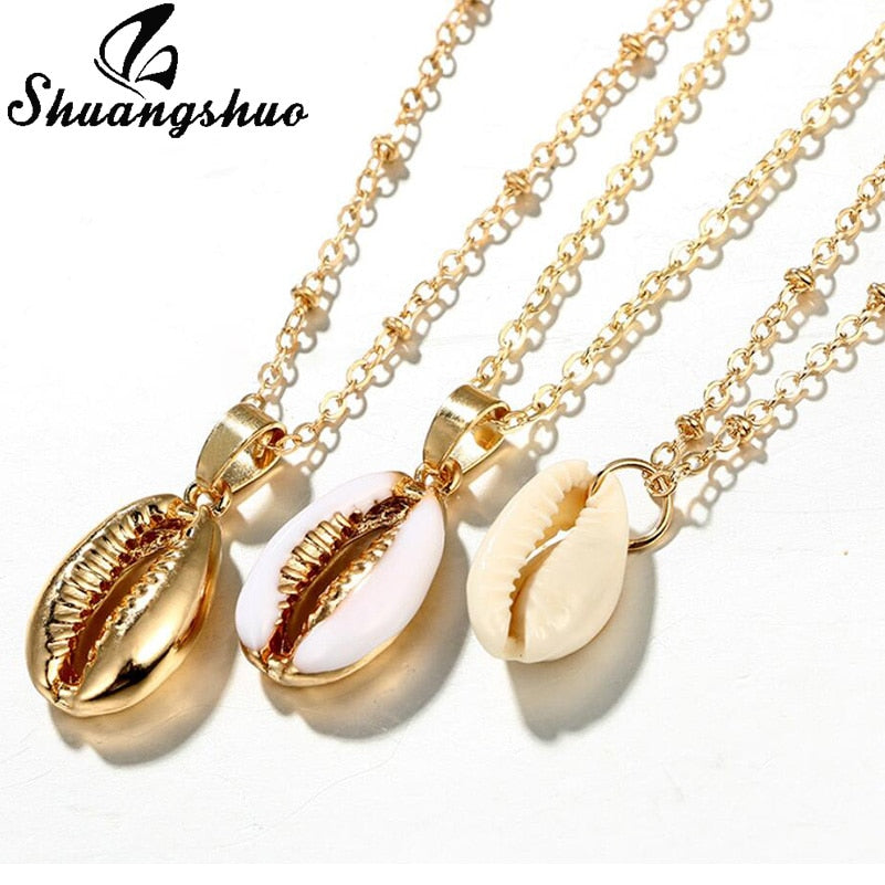 Gold Layered Seashell Necklace, 3 Strand Copper Chain by HitMyNeed