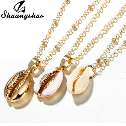 Gold Layered Seashell Necklace, 3 Strand Copper Chain by HitMyNeed