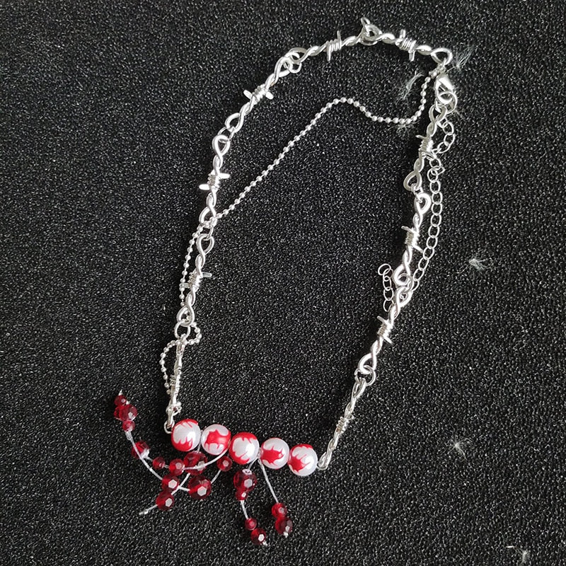 Gothic Bloody Pearl Necklace with Barbed Wire Chain by HitMyNeed