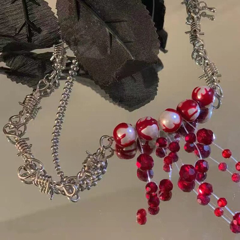Gothic Bloody Pearl Necklace with Barbed Wire Chain by HitMyNeed